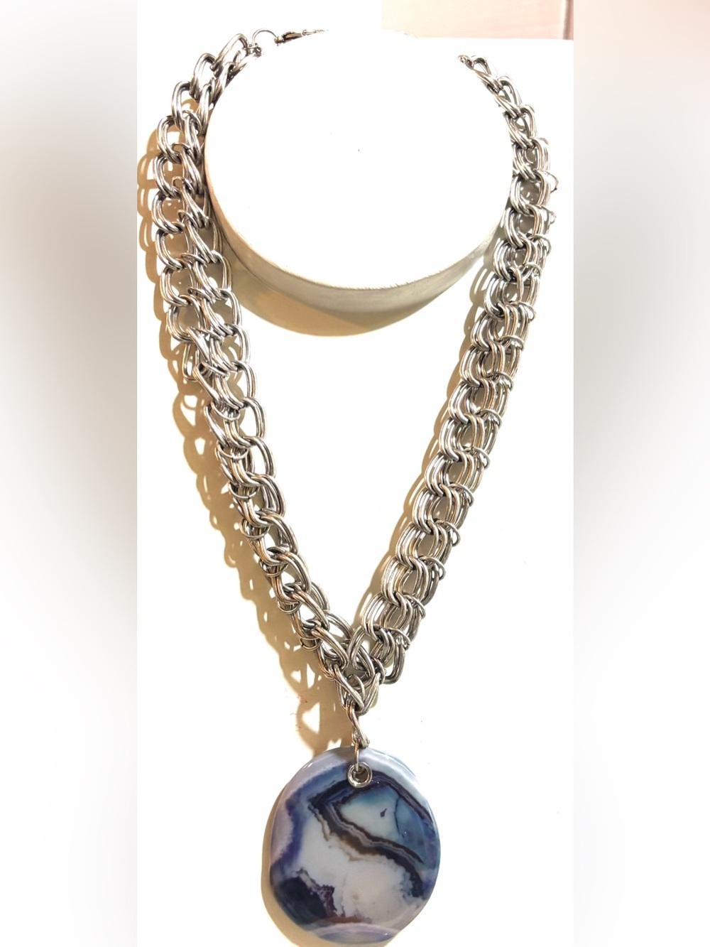 Handcrafted Silver Chain Necklace with Blue Agate Pendant -